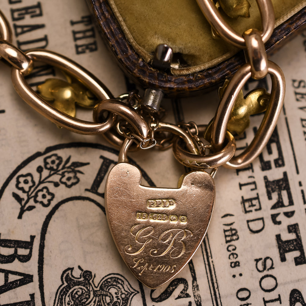 Edwardian Turquoise & Pearl Curb-Link Heart Padlock Bracelet