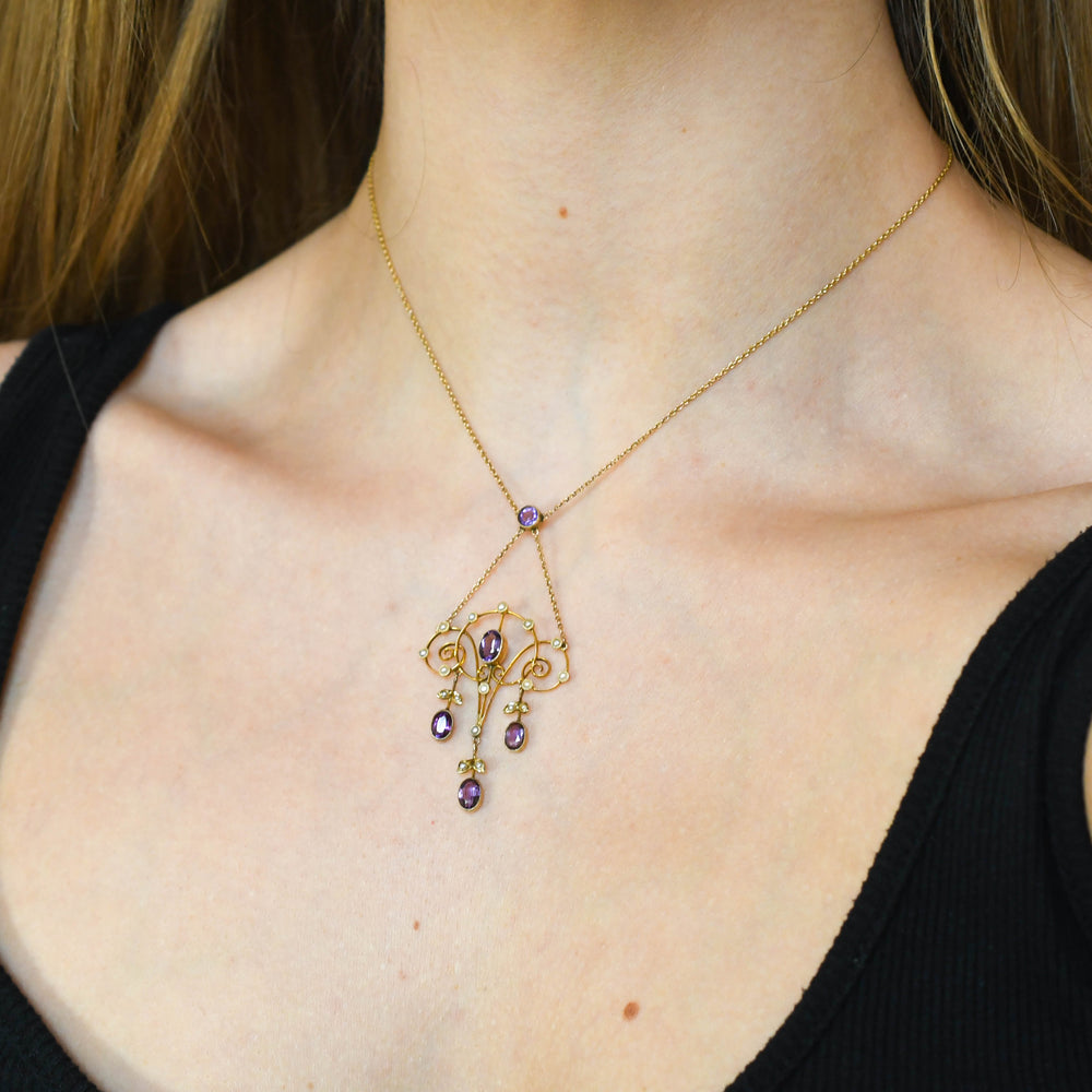 Art Nouveau Amethyst & Pearl Lavaliere Pendant Necklace