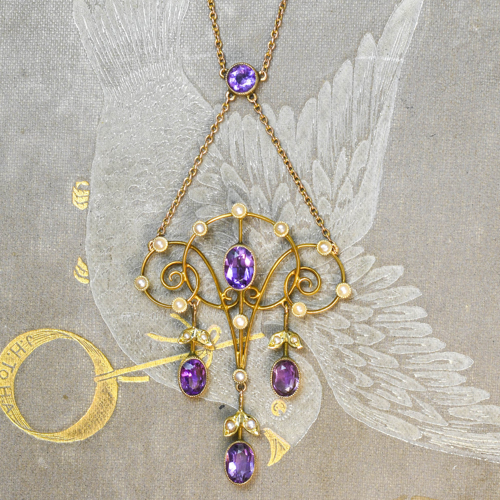 Art Nouveau Amethyst & Pearl Lavaliere Pendant Necklace