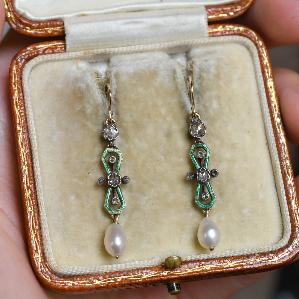 Victorian Diamond, Pearl & Enamel Drop Earrings