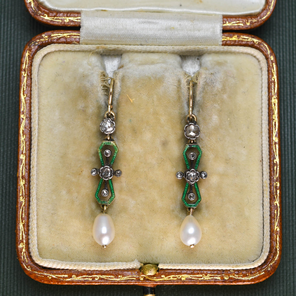 Victorian Diamond, Pearl & Enamel Drop Earrings