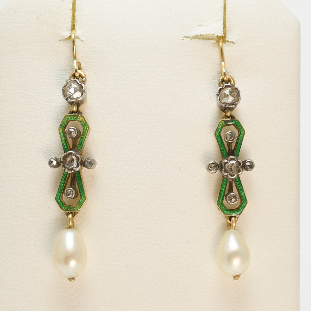 Victorian Diamond, Pearl & Enamel Drop Earrings