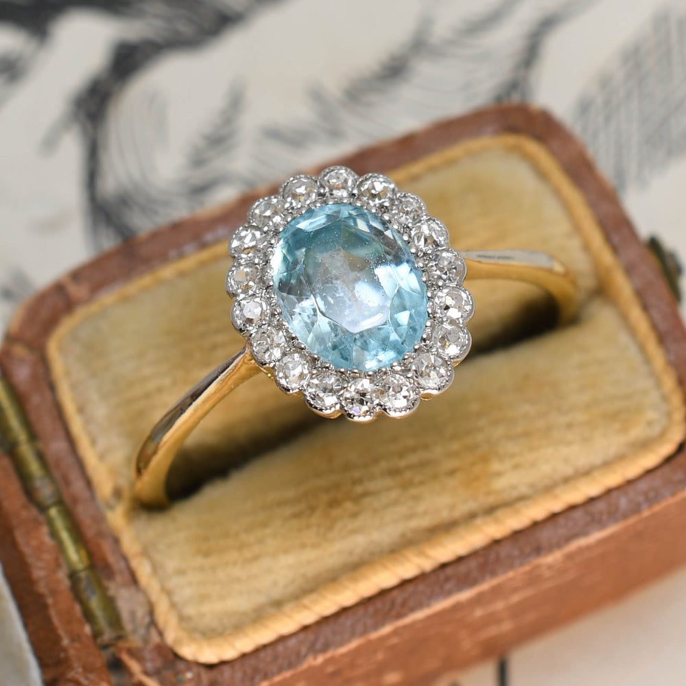 Edwardian Aquamarine & Diamond Flower Cluster Ring