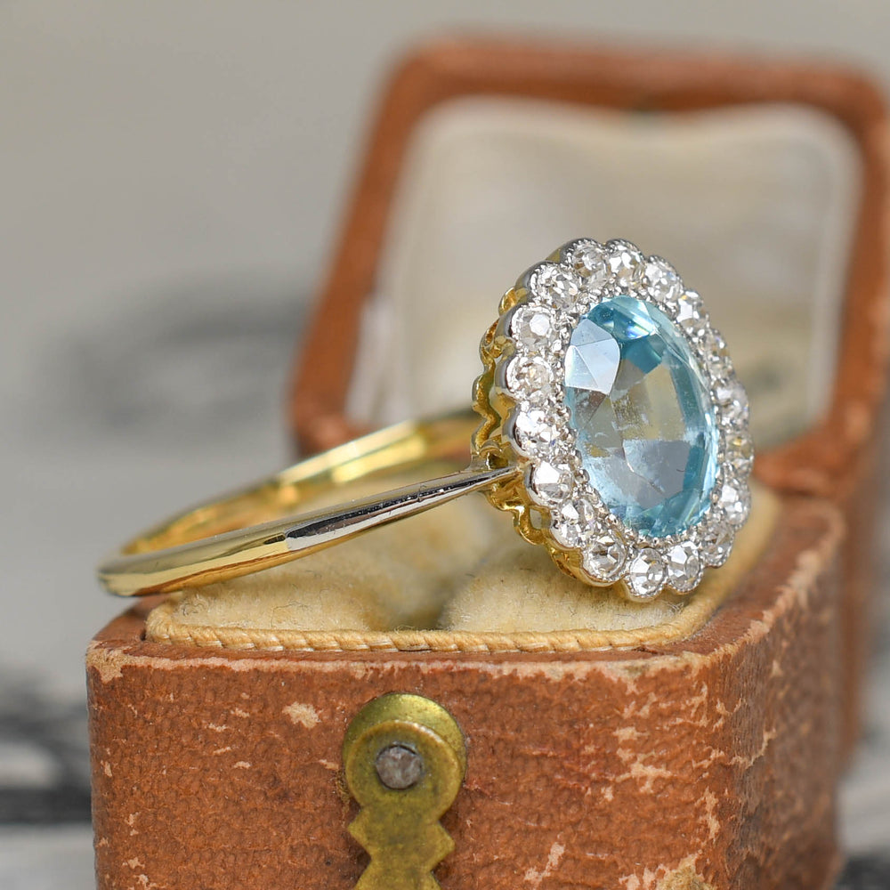 Edwardian Aquamarine & Diamond Flower Cluster Ring