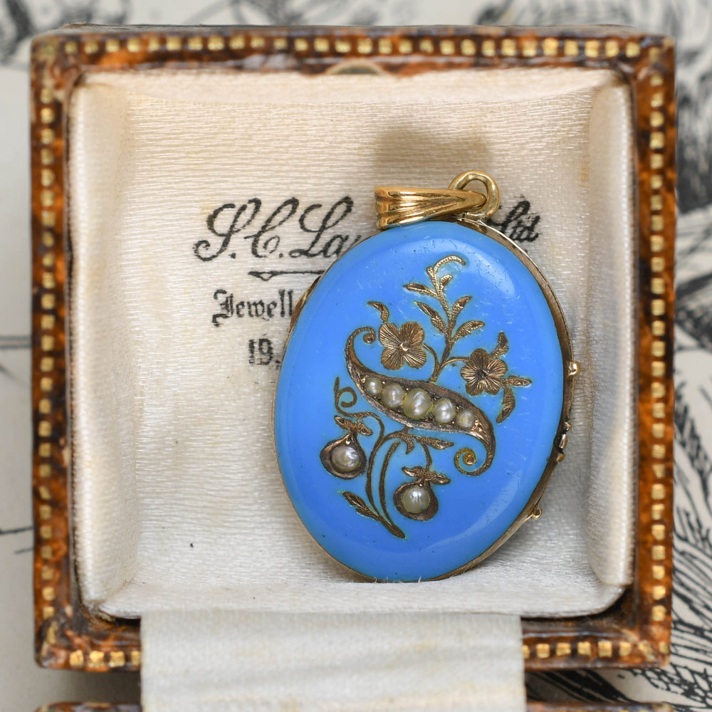 Victorian Blue Enamel & Pearl Locket Pendant