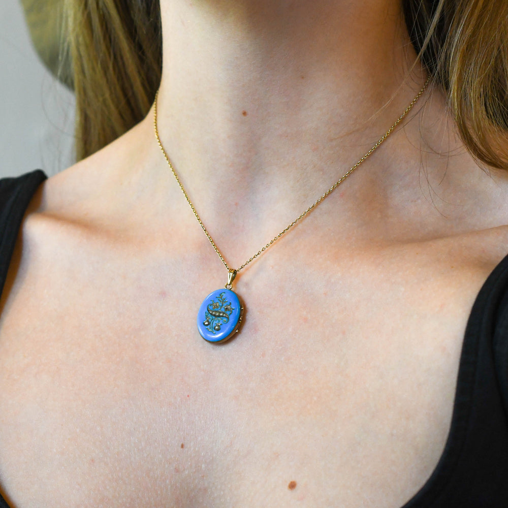 Victorian Blue Enamel & Pearl Locket Pendant