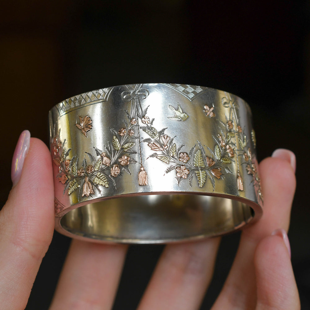 Victorian Aesthetic Movement Silver & Gold Cuff Bangle