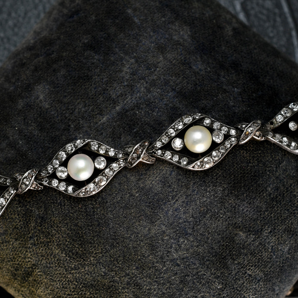 Victorian Natural Pearl & Diamond Link Bracelet