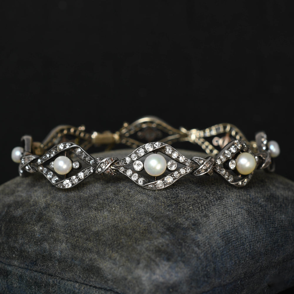 Victorian Natural Pearl & Diamond Link Bracelet