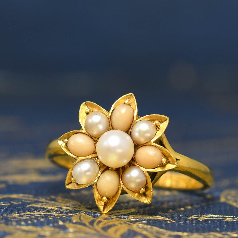 Victorian Coral & Pearl Flower Cluster Rings