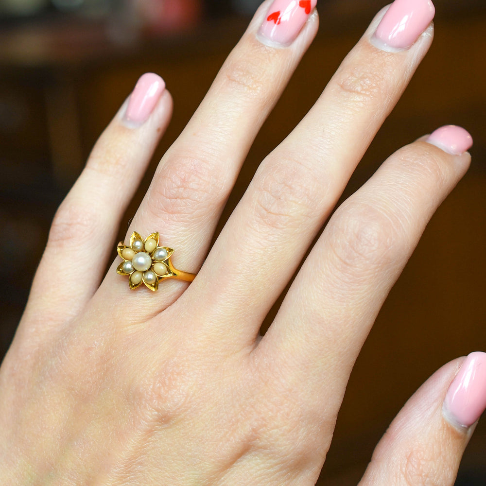 Victorian Coral & Pearl Flower Cluster Rings