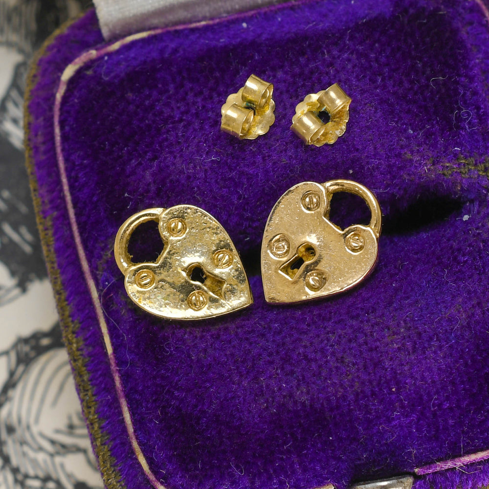 Vintage Gold Heart Padlock Earrings