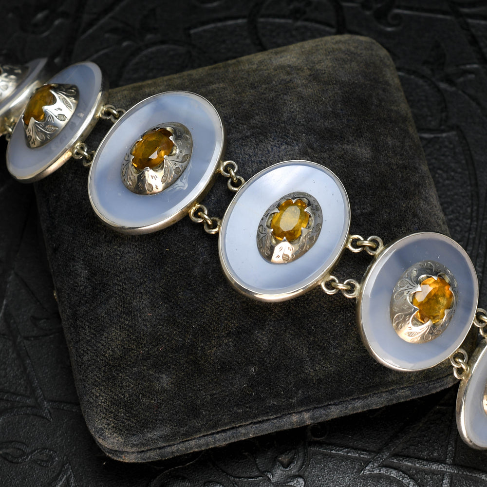 Arts & Crafts Scottish Citrine & Agate Panel Bracelet