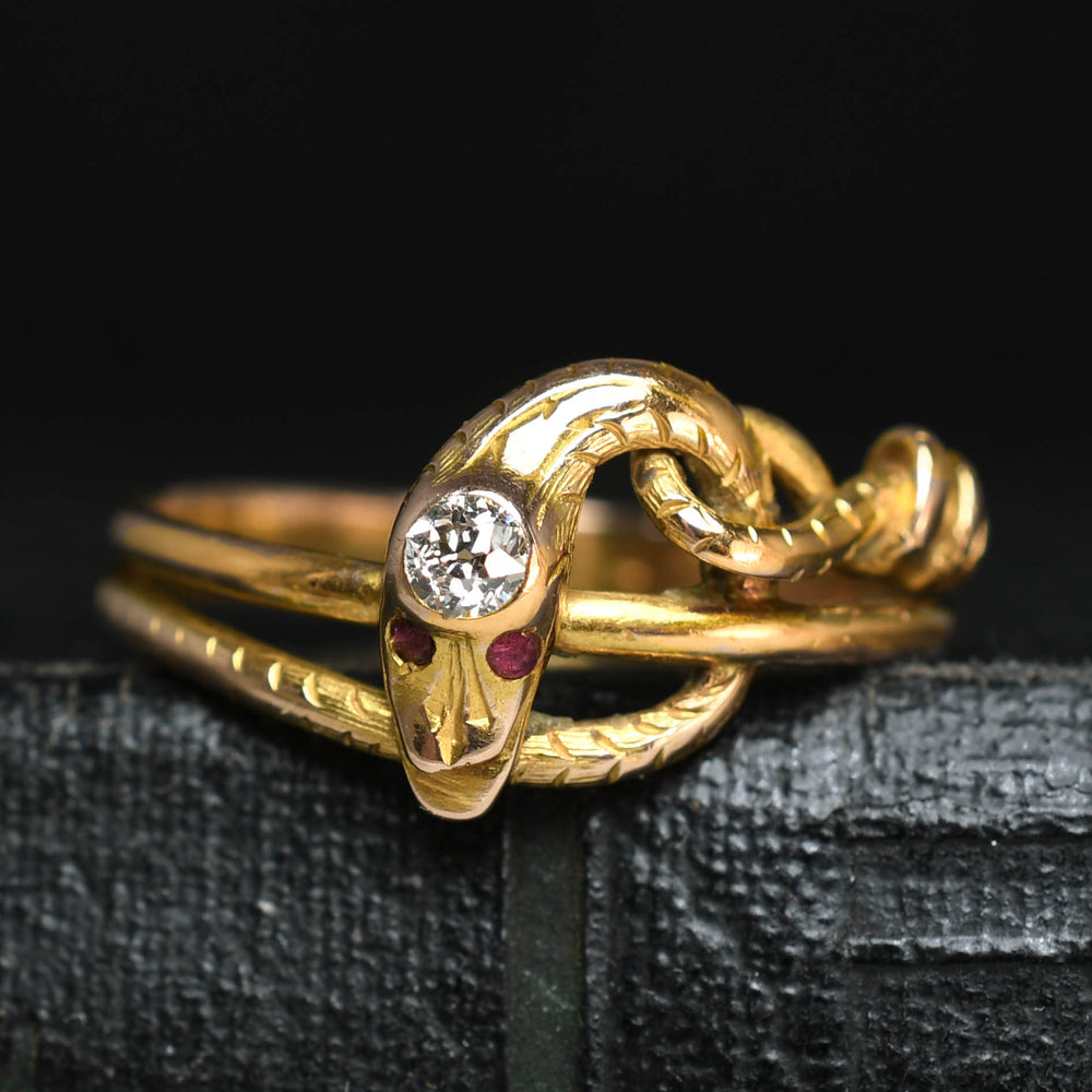 Antique French Diamond & Ruby Snake Ring