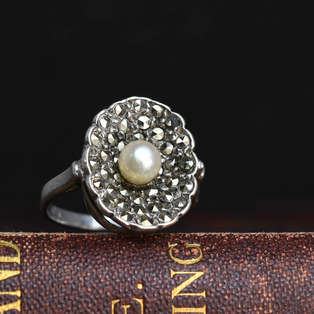 Art Deco Pearl & Marcasite Pavé Oyster Shell Ring