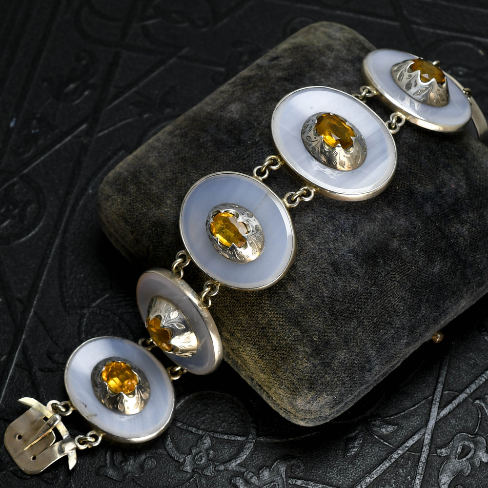 Arts & Crafts Scottish Citrine & Agate Panel Bracelet