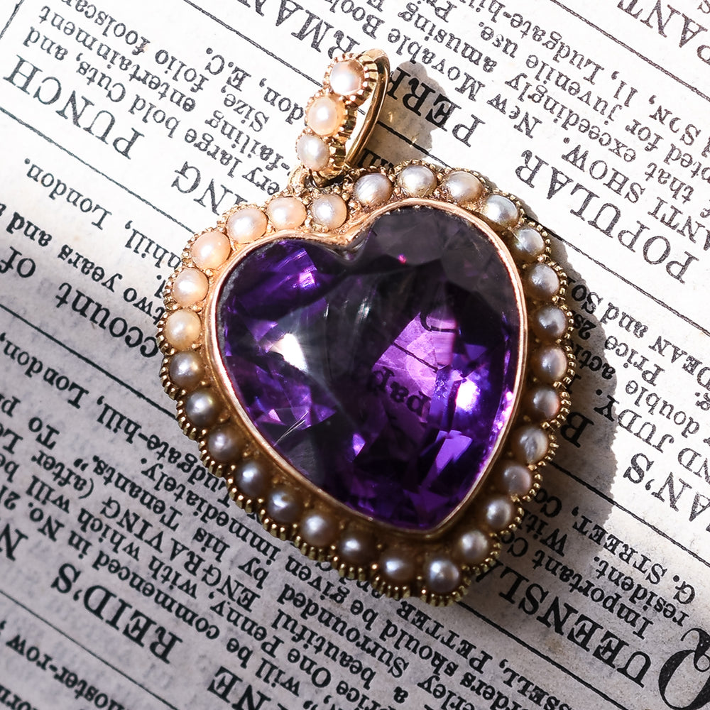 Victorian Siberian Amethyst & Pearl Heart Pendant