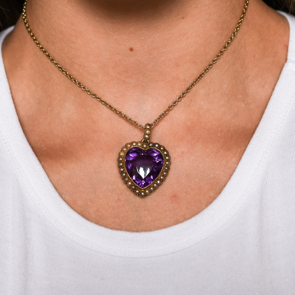 Victorian Siberian Amethyst & Pearl Heart Pendant