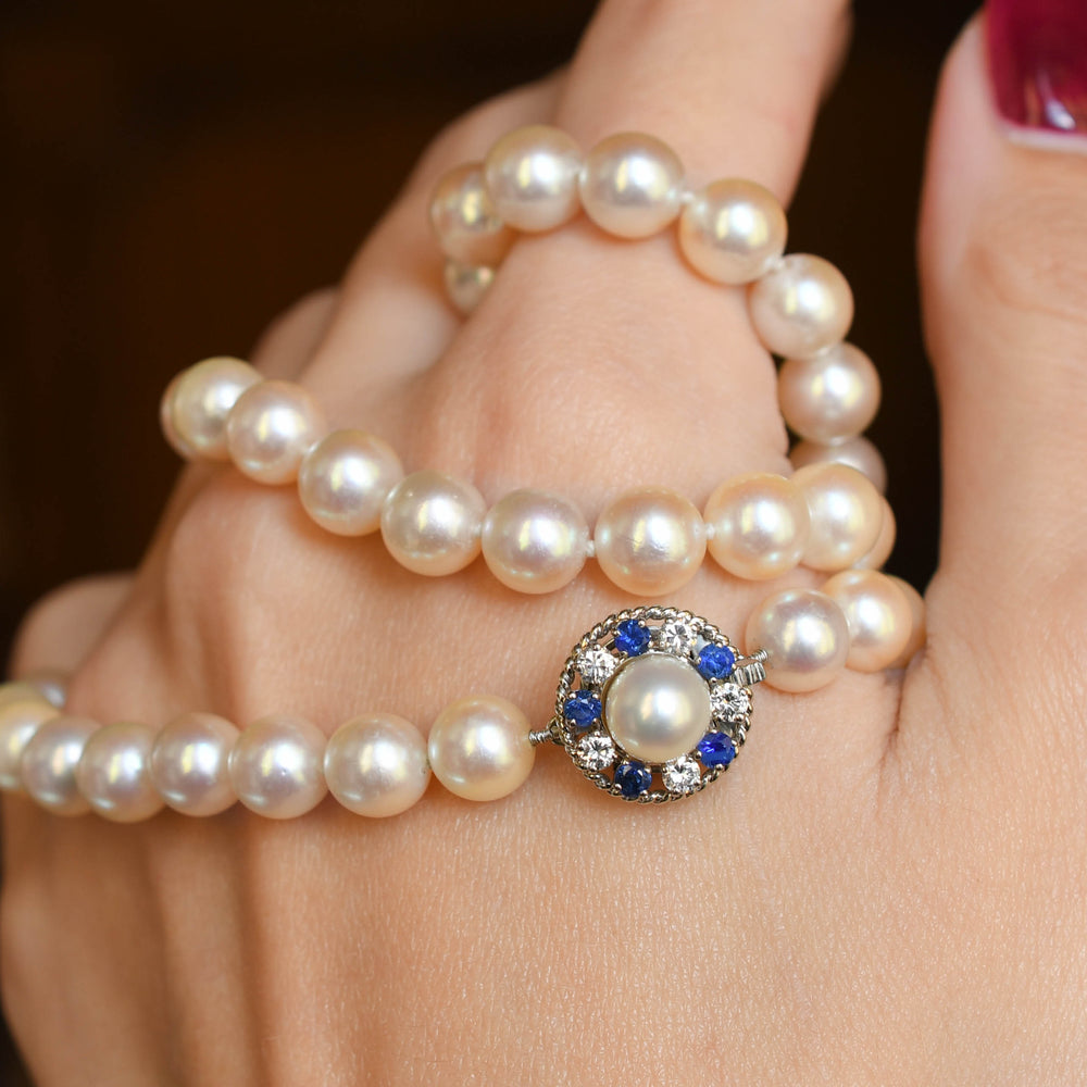 Vintage Cartier Pearl Necklace with Sapphire & Diamond Clasp