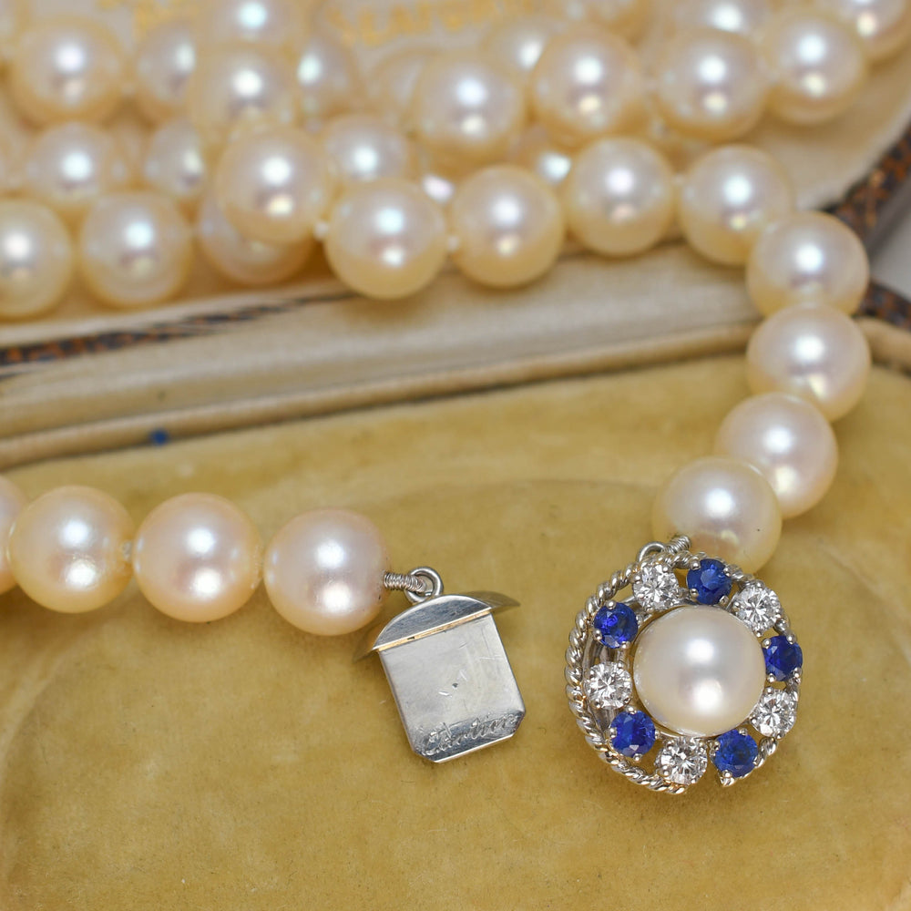 Vintage Cartier Pearl Necklace with Sapphire & Diamond Clasp