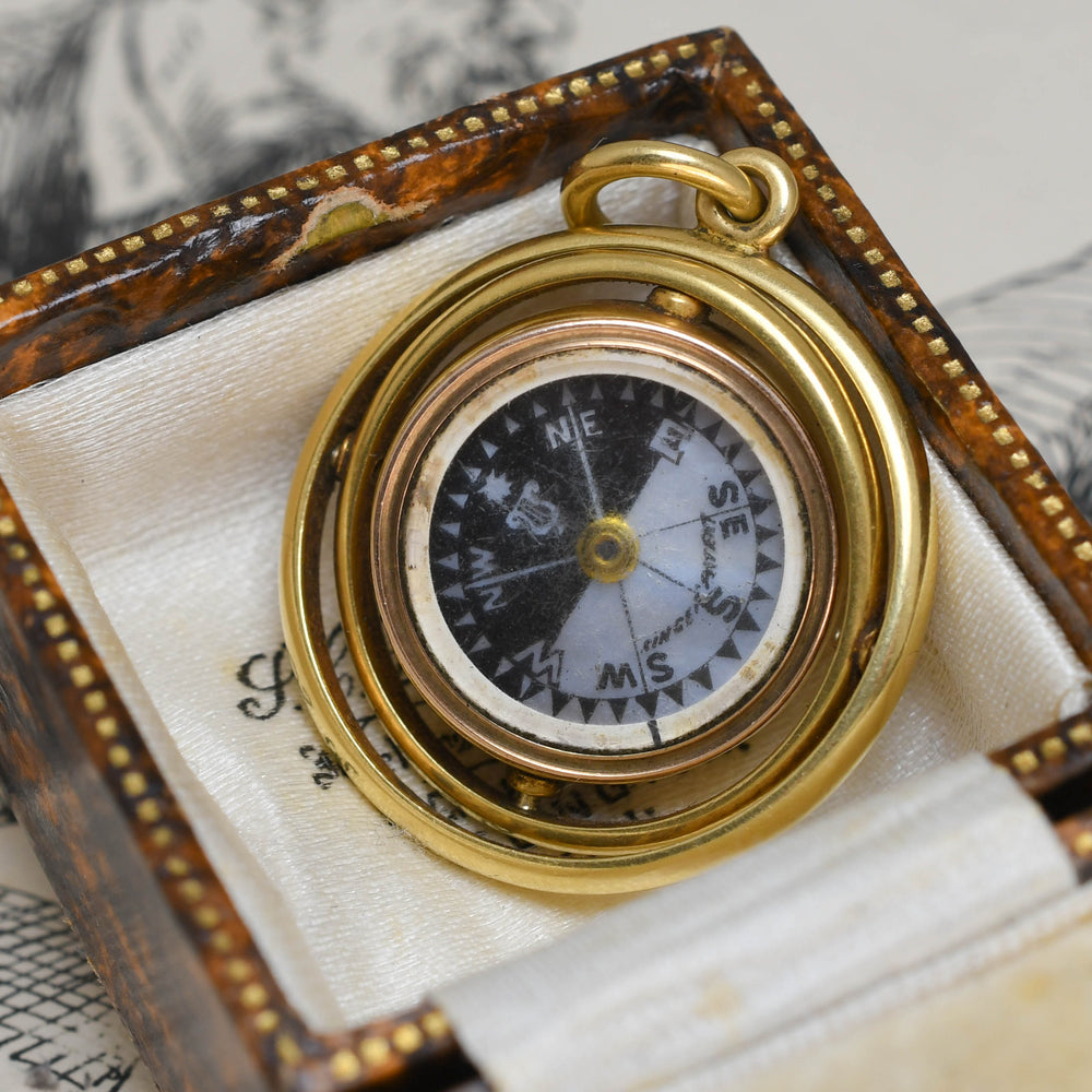 Edwardian 18k Gold Gimbal Compass Pendant