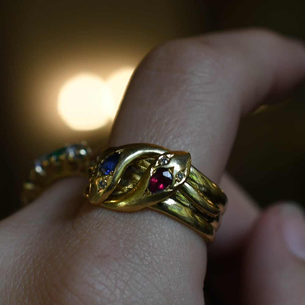 Victorian Sapphire Ruby & Diamond Double Snake Ring