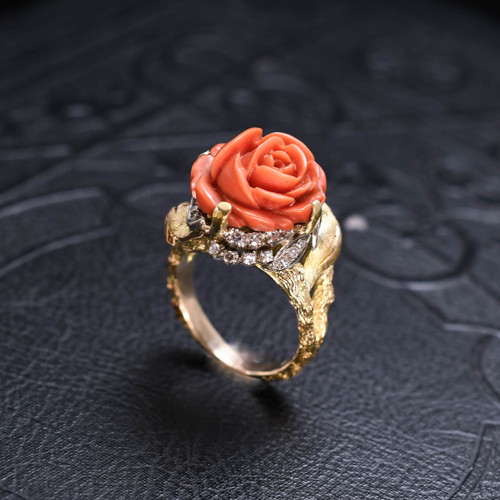 Vintage Carved Coral and Diamond Rose Cocktail Ring