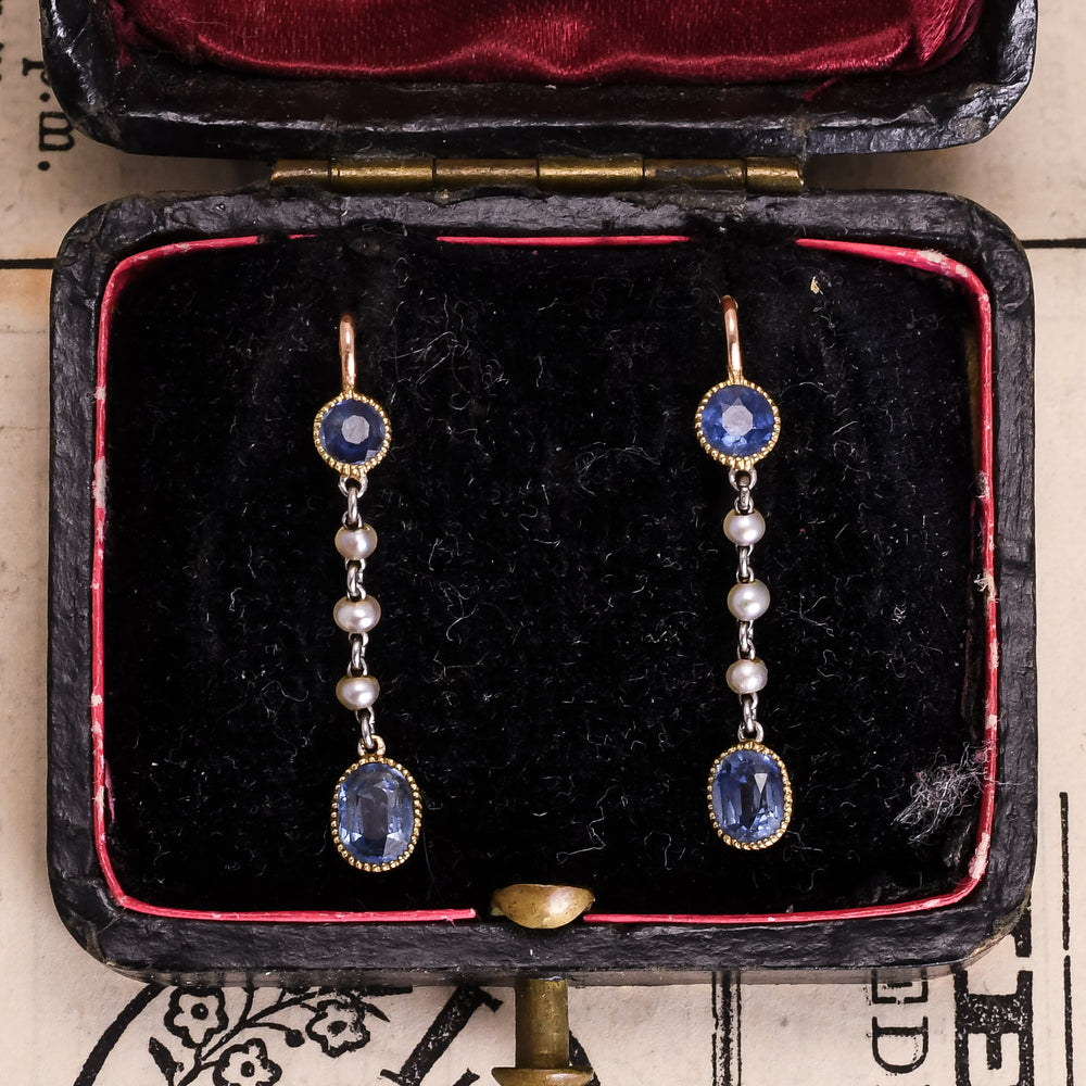 Edwardian Sapphire & Pearl Drop Earrings