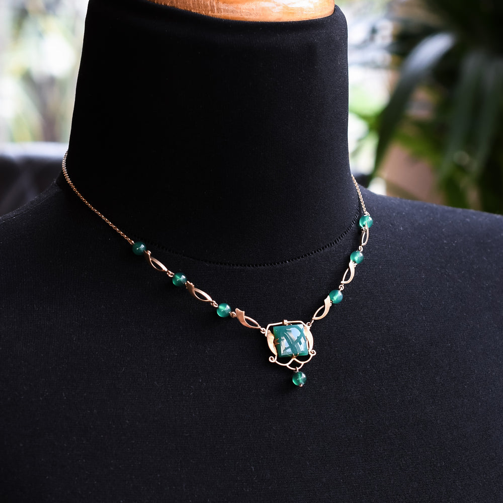 Arts & Crafts Chrysoprase & Gold Necklace