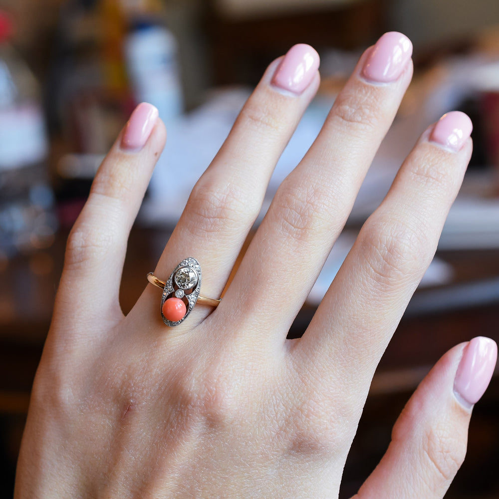 Art Deco Coral & Diamond Cluster Ring