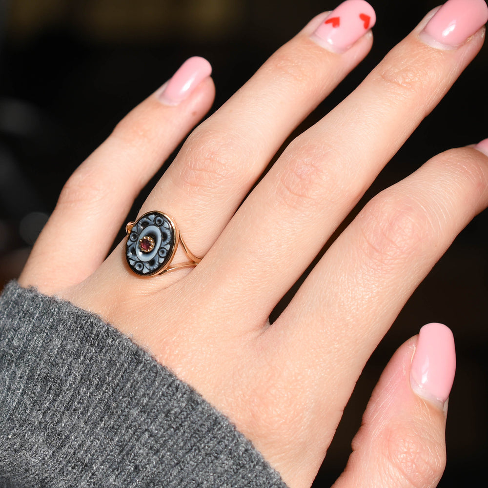 Victorian Ruby Floral Nicolo Intaglio Ring