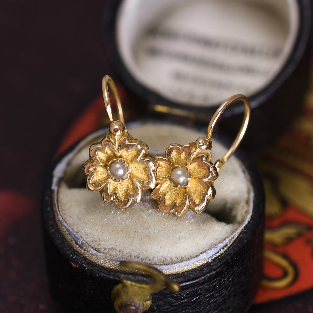 Victorian French Gold Leaf & Pearl Earrings