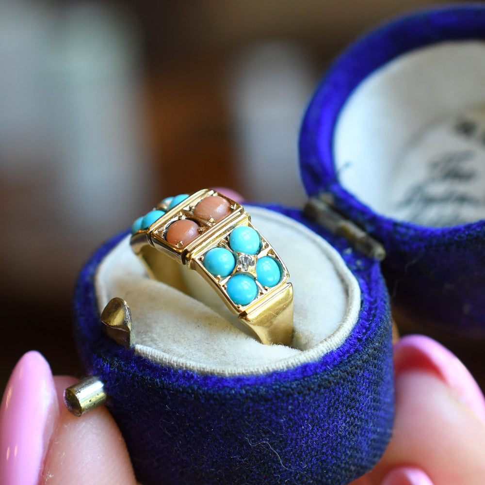 Victorian Coral, Turquoise & Diamond Cluster Ring