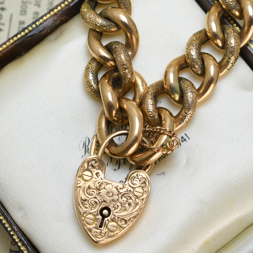 Victorian Gold Curb-Link Bracelet with Heart Padlock