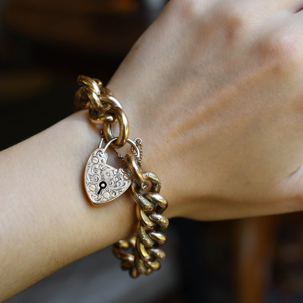 Victorian Gold Curb-Link Bracelet with Heart Padlock