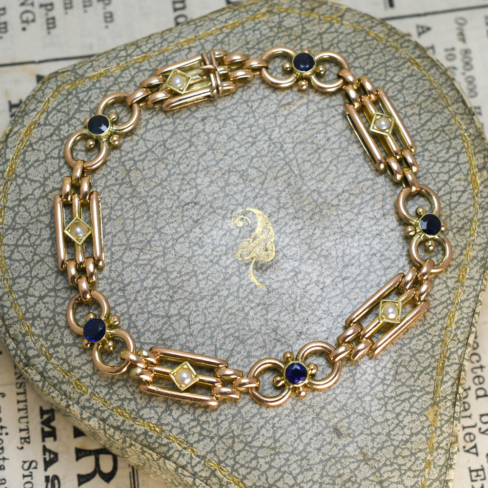 Edwardian Sapphire & Pearl Gate-Link Bracelet