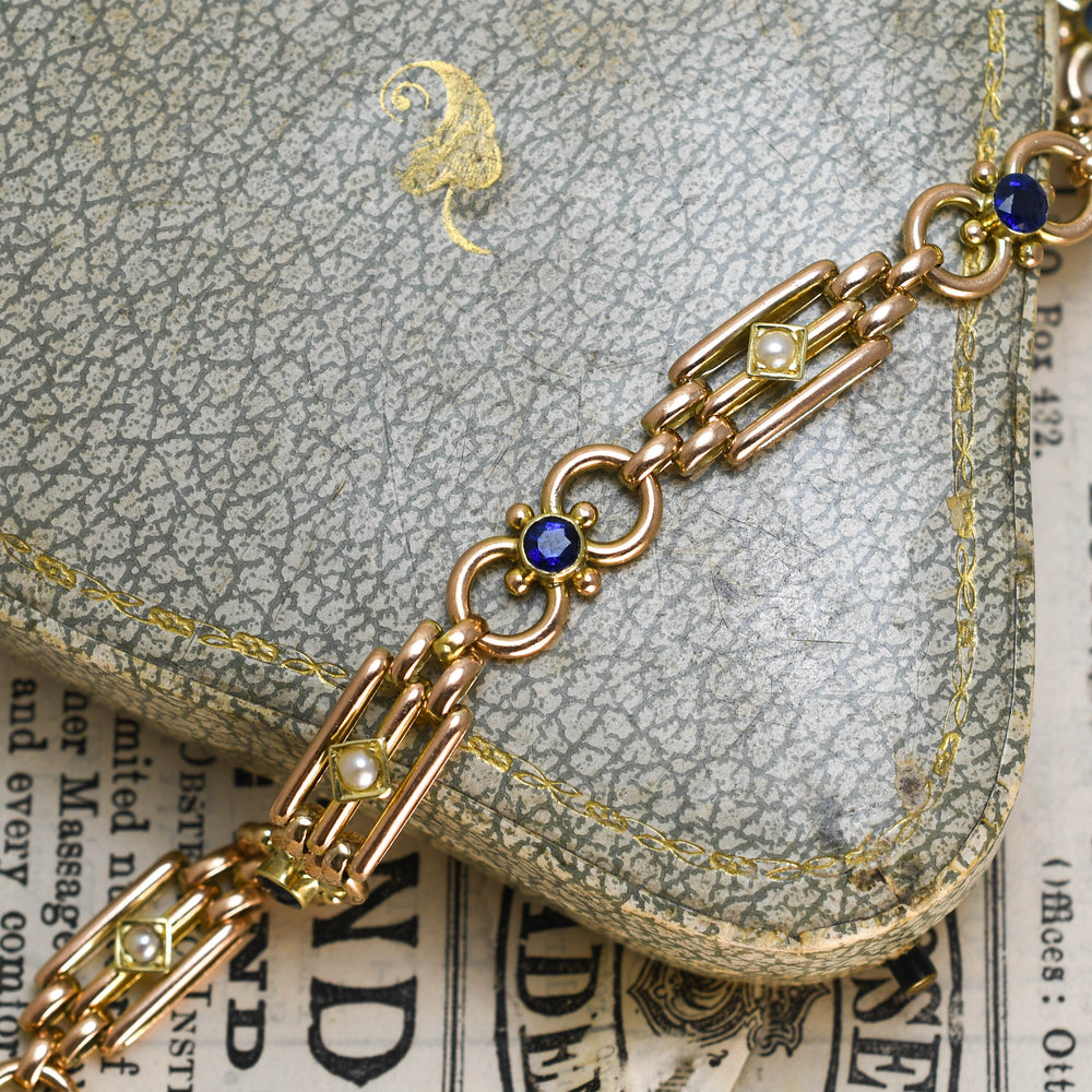 Edwardian Sapphire & Pearl Gate-Link Bracelet