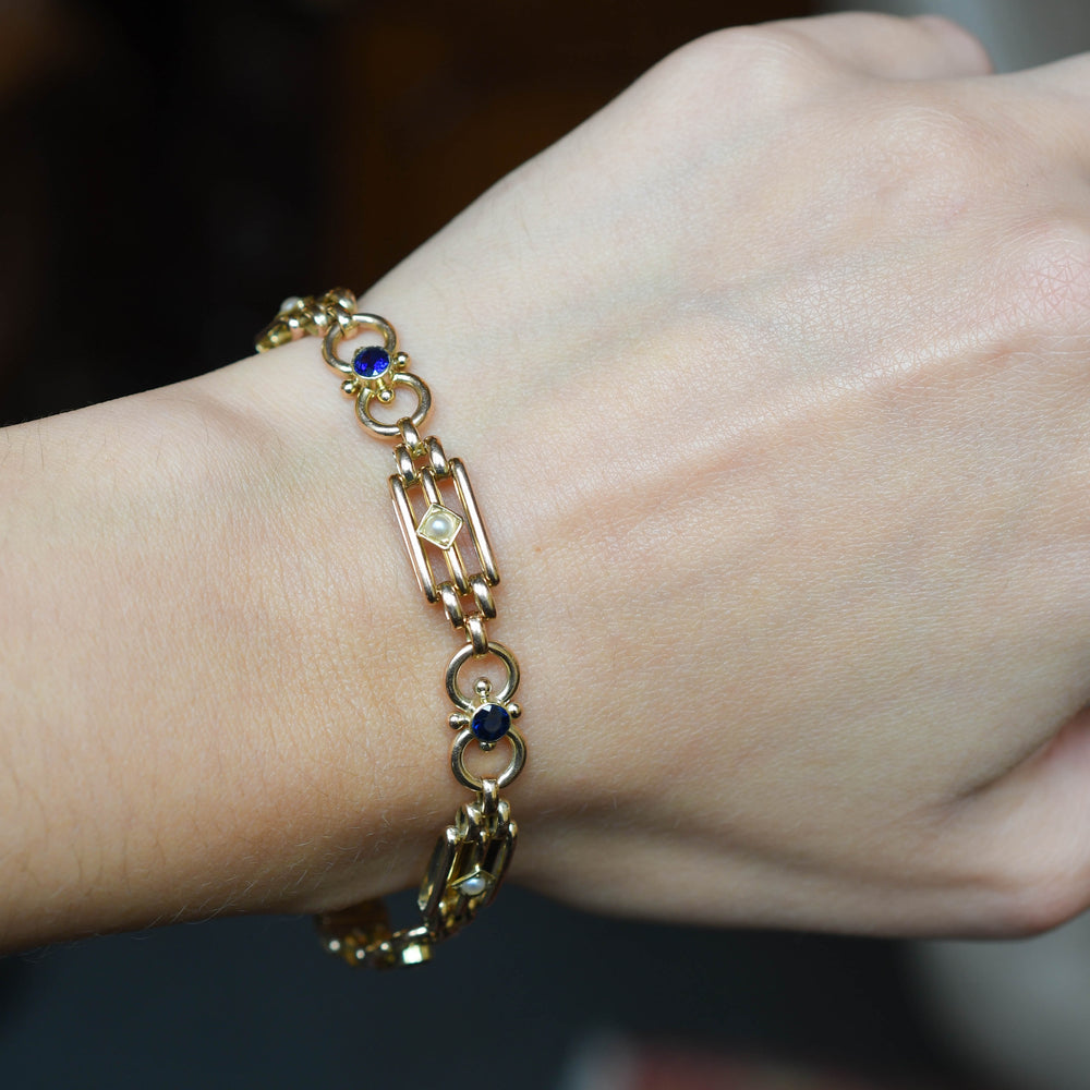 Edwardian Sapphire & Pearl Gate-Link Bracelet