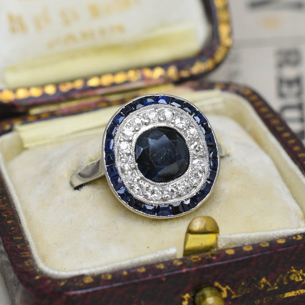 Art Deco French Sapphire & Diamond Target Ring