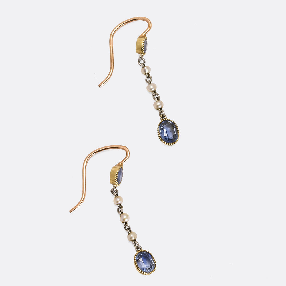 Edwardian Sapphire & Pearl Drop Earrings