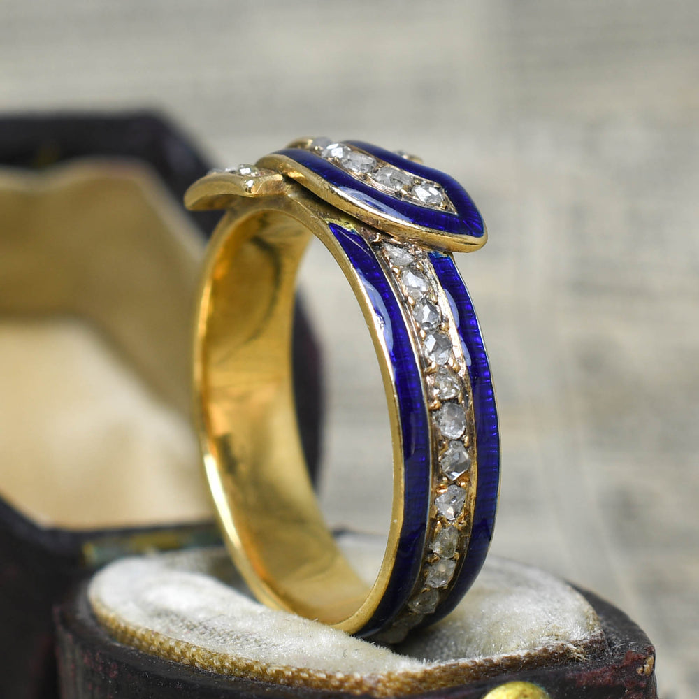 Edwardian Rose Cut Diamond & Enamel Buckle Ring