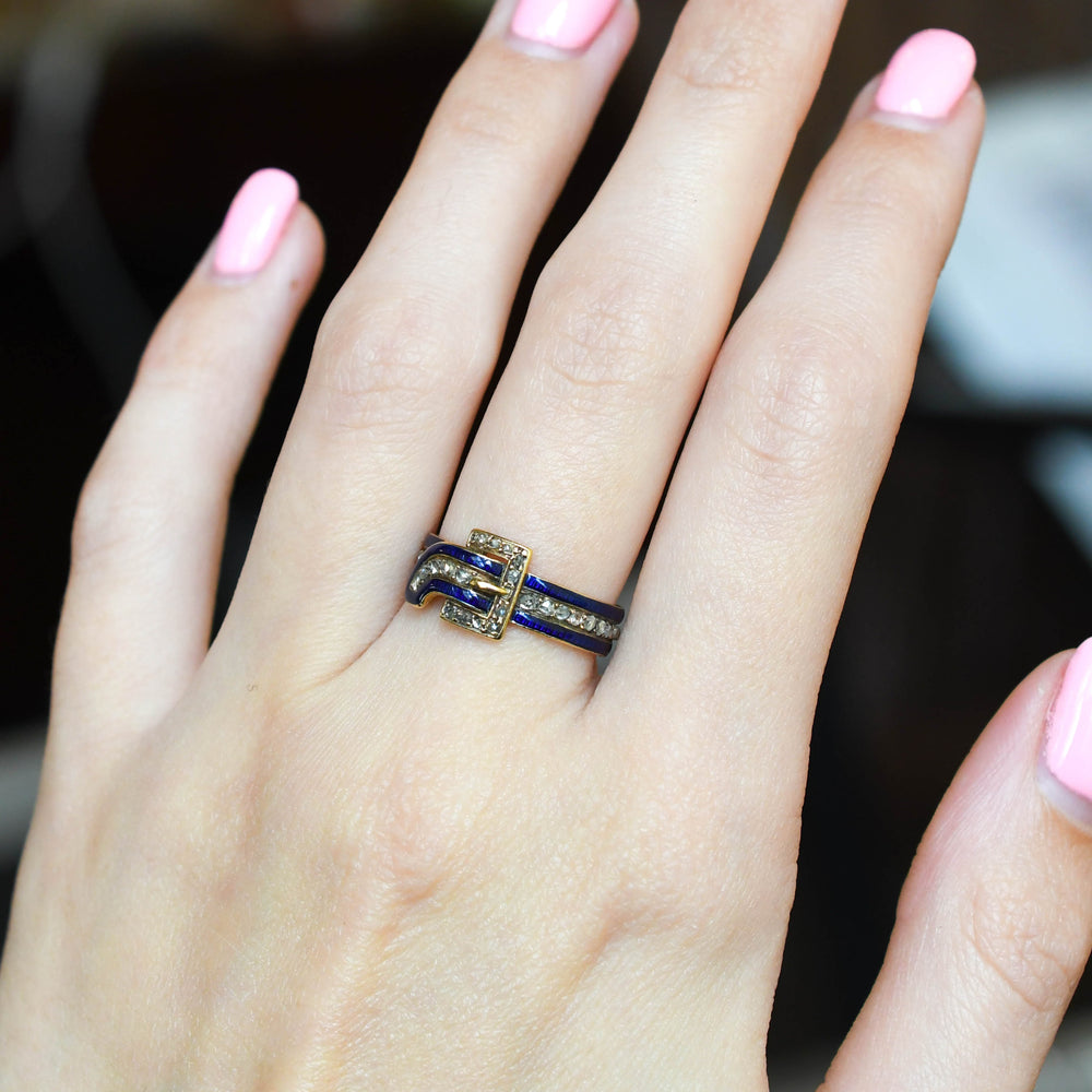 Edwardian Rose Cut Diamond & Enamel Buckle Ring