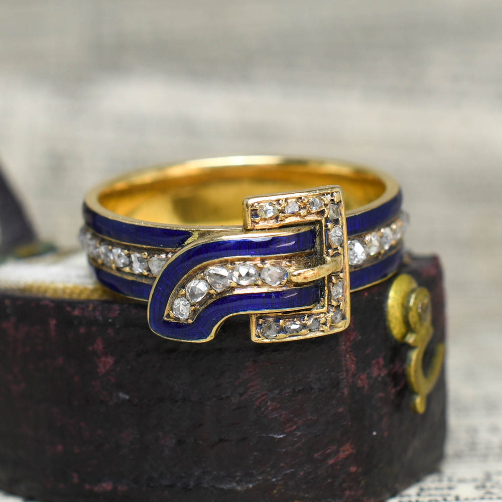 Edwardian Rose Cut Diamond & Enamel Buckle Ring