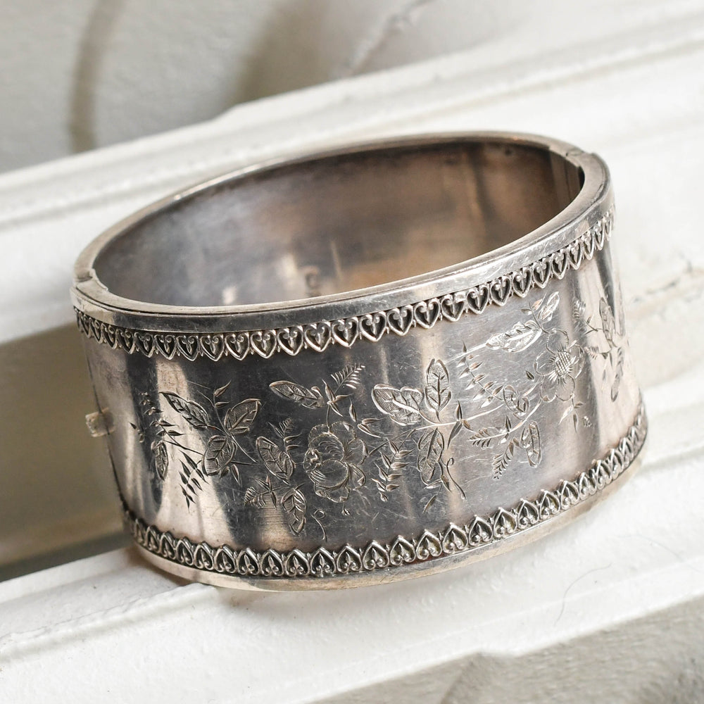 Victorian Floral Silver Cuff Bangle