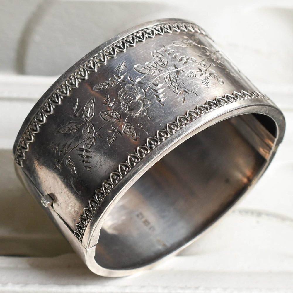 Victorian Floral Silver Cuff Bangle