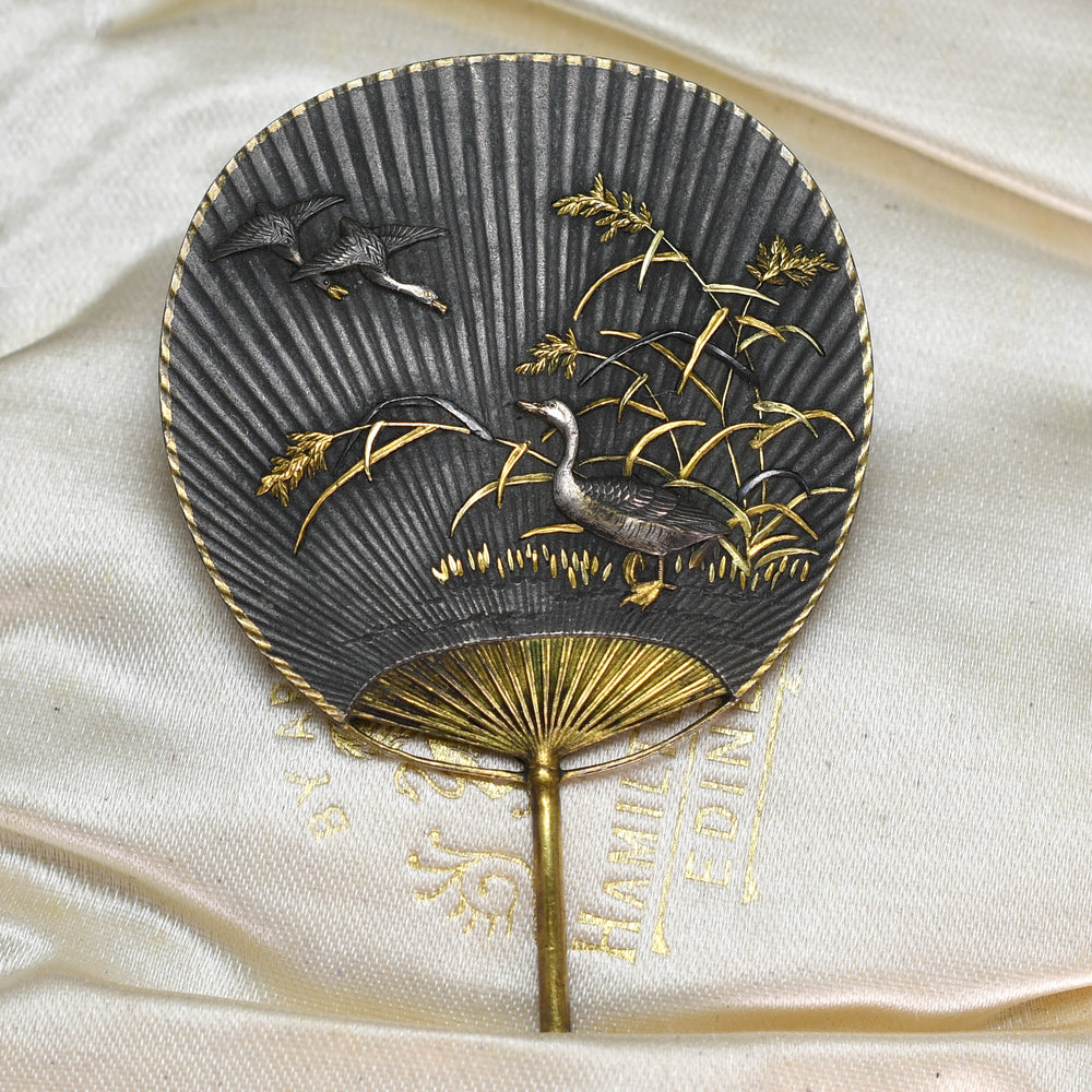 Antique Japanese Aesthetic Shakudō Fan Brooch