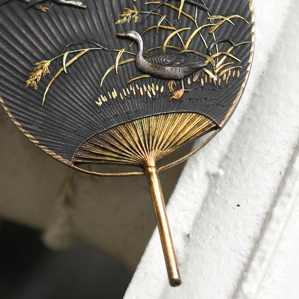 Antique Japanese Aesthetic Shakudō Fan Brooch