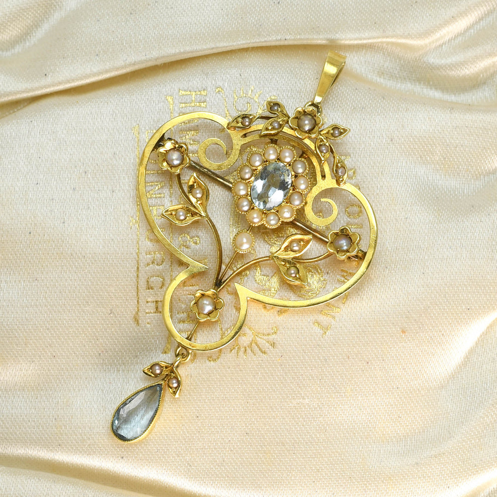 Edwardian Aquamarine & Pearl Lavaliere Pendant