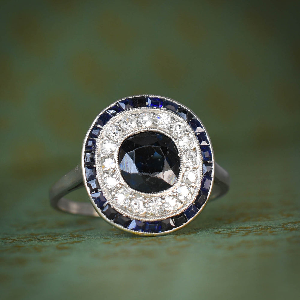 Art Deco French Sapphire & Diamond Target Ring