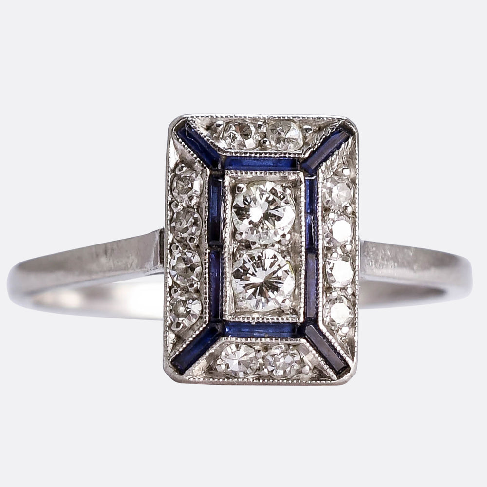 1920's French Diamond & Sapphire Geometric Cluster Ring